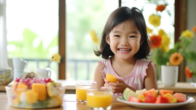 Bambino sorridente felice al tavolo in cucina con una colazione sana al mattino