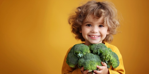 bambino sorridente felice ragazzo bambino tiene in mano una verdura broccoli su sfondo giallo isolato bambini cibo nutrizione sana
