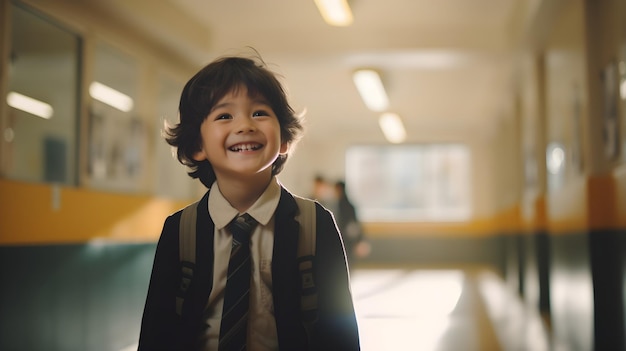 Bambino sorridente in piedi in un corridoio scolastico ben illuminato