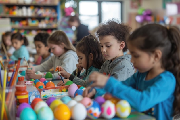 Bambino sorridente mentre dipinge le uova di Pasqua al tavolo attività ricreativa divertente