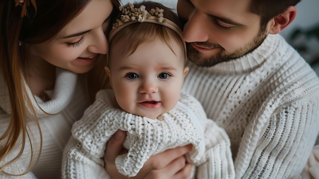Bambino sorridente tenuto da genitori amorevoli in maglioni accoglienti che catturano un momento familiare caldo e affettuoso perfetto per il contenuto di stile di vita AI