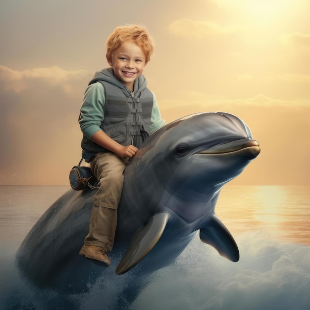 Bambino su un delfino