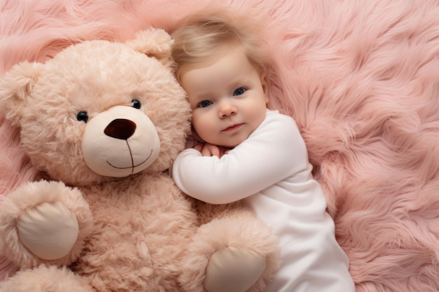 Bambino su un tappeto rosa abbracciato da un peluche rosa