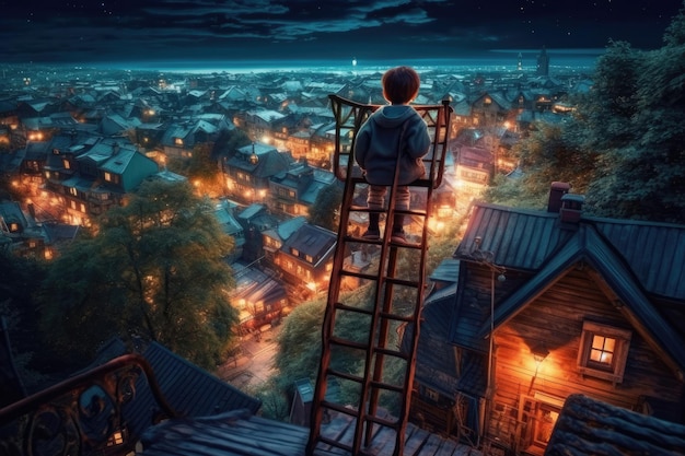 Bambino su una scala che si affaccia sulla città di notte illustrazione IA generativa