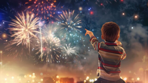 Bambino sulle spalle dei genitori che puntano con gioia a uno spettacolare spettacolo di fuochi d'artificio