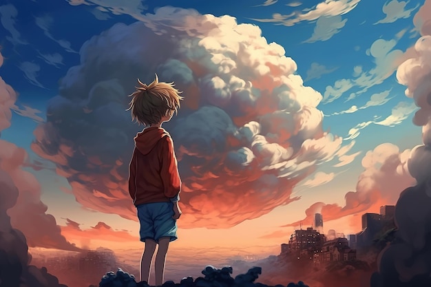 Bambino sullo sfondo di nuvole lussureggianti e città in montagna Vista posteriore del ragazzo in piedi sulla scogliera e guardando lontano Illustrazione in stile anime IA generativa