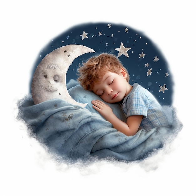 Bambino sveglio che dorme nella luna