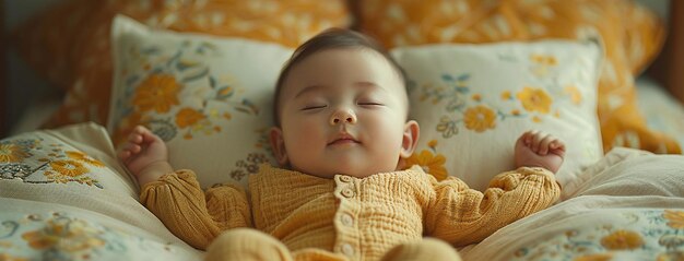 Bambino tranquillo che dorme in un maglione giallo a maglia sdraiato su un cuscino floreale