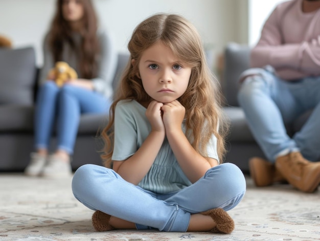 Bambino triste seduto sul pavimento con i genitori che litigano sullo sfondo ragazza giovane sul tappeto divorzio