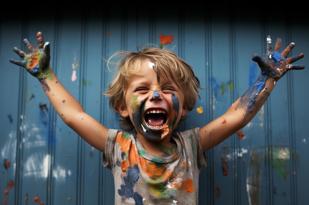 Bambino vibrante profondamente immerso nella pittura immaginativa che raggiunge con entusiasmo giocoso
