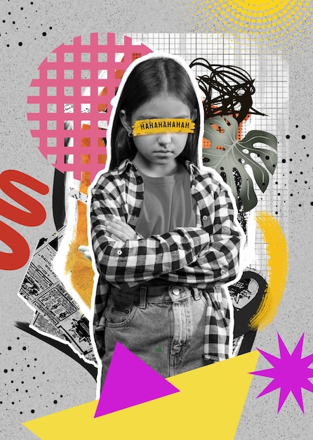 Bambino vittima di bullismo rappresentato da un collage