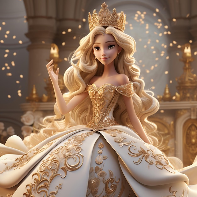 Bambola Barbie bionda con abito bianco e oro e corona come una principessa con immagine generata dall'IA