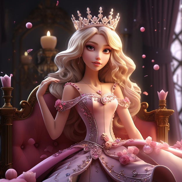 Bambola Barbie bionda con abito magenta e corona come una principessa sta in piedi Immagine generata dall'IA