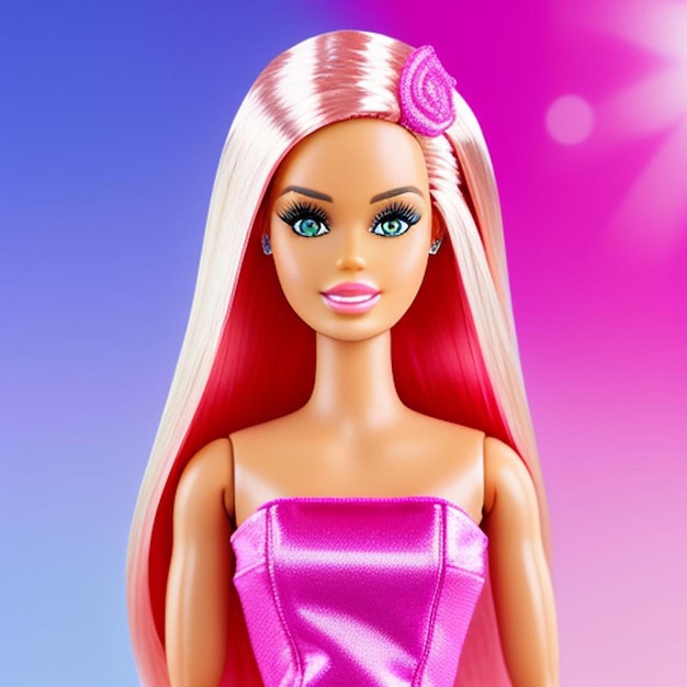 bambola barbie che indossa un abito rosa con acconciatura marrone