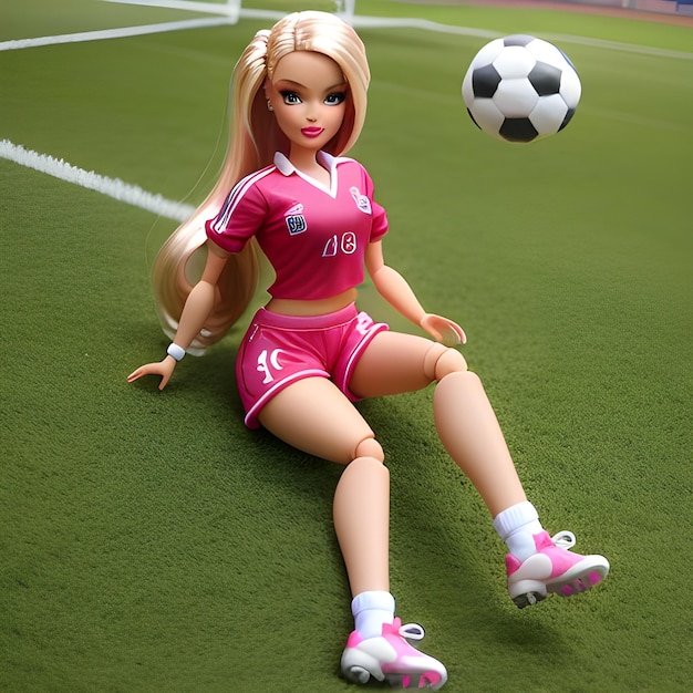 bambola barbie che si allena in un campo di calcio