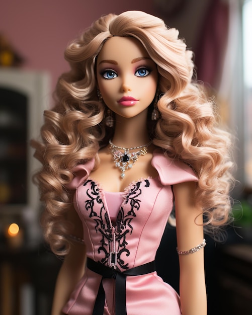 Bambola Barbie con capelli sinuosi sullo sfondo della sua stanza