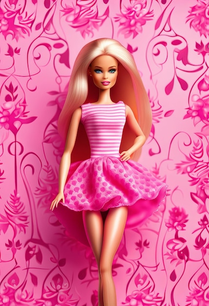 Bambola Barbie in abito alla moda sfondo rosa illustrazione