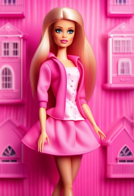 Bambola Barbie in stile rosa sullo sfondo