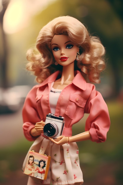 Bambola Barbie vintage con una fotocamera Retro vibe concept