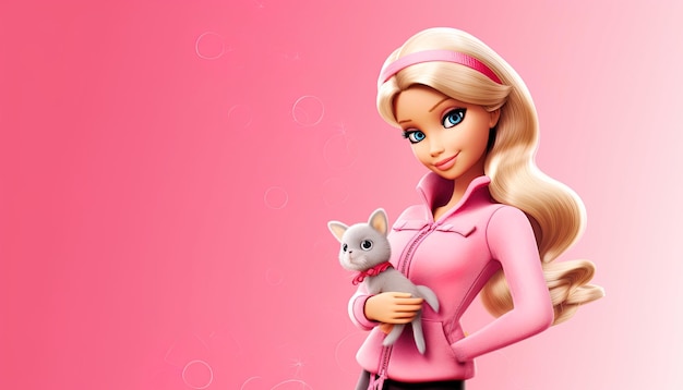 Bambola bionda Barbie con il suo animale domestico su sfondo rosa sfumato morbido