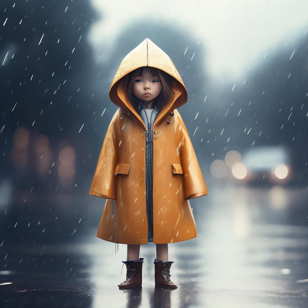 Bambola carina con ombrello e giacca sotto la pioggia illustrazione fotografica cinematografica con sfondo sfocato