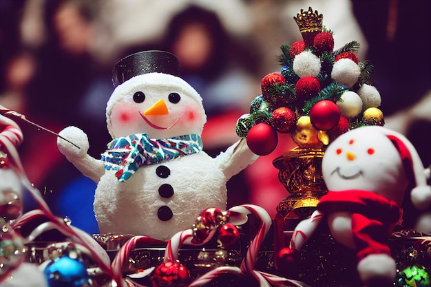 Bambola e decorazioni natalizie con pupazzo di neve