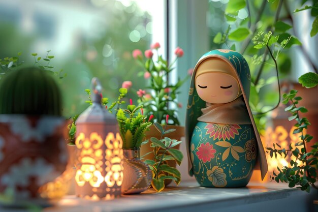 Bambola Hijab con lanterne sul davanzale della finestra celebrazione del Ramadan Kareem