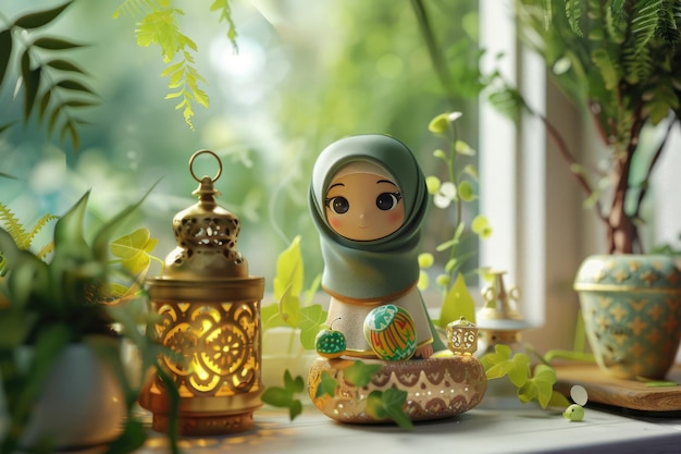 Bambola Hijab con lanterne sul davanzale della finestra celebrazione del Ramadan Kareem