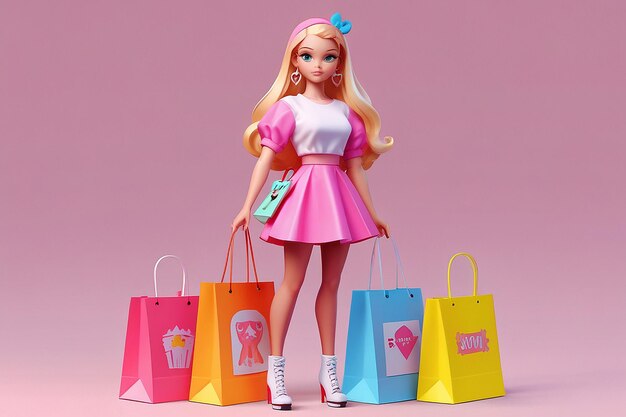 Bambola in stile barbie con borsa della spesa Concetto e sconti promozionali