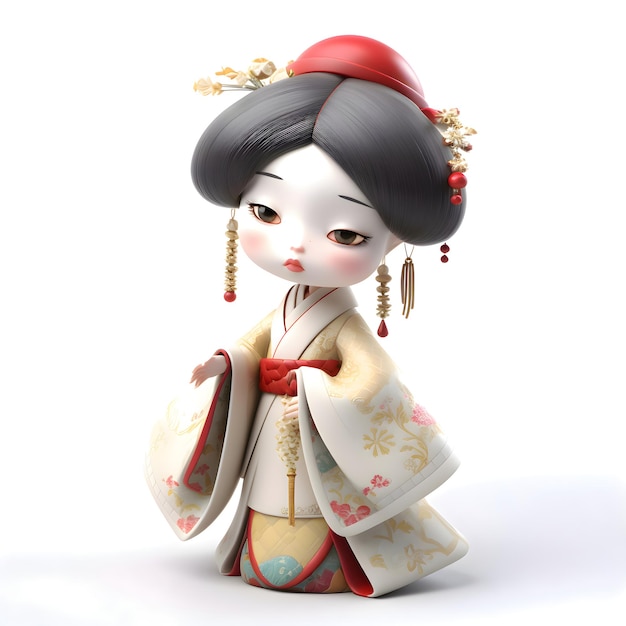 Bambola Kokeshi in kimono su sfondo bianco