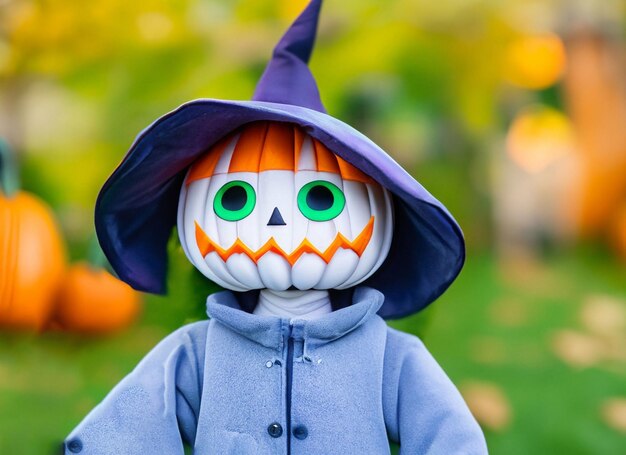 Bambola spaventosa di Halloween con cappello da strega