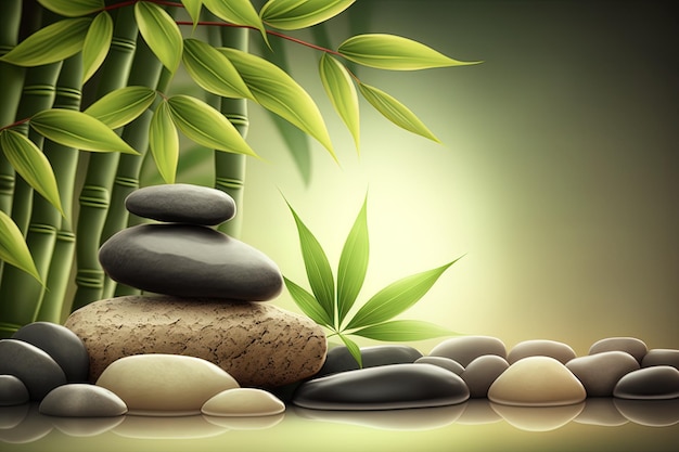 Bambù e pietre in un centro benessere Generative AI Zen Stones e Bamboo sull'acqua si rilassano godendosi il concetto di spa