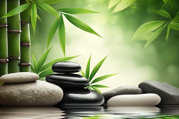 Bambù e pietre in un centro benessere Generative AI Zen Stones e Bamboo sull'acqua si rilassano godendosi il concetto di spa
