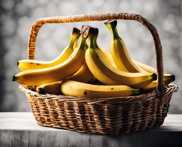 Banana matura e appetitosa in un cestino traboccante
