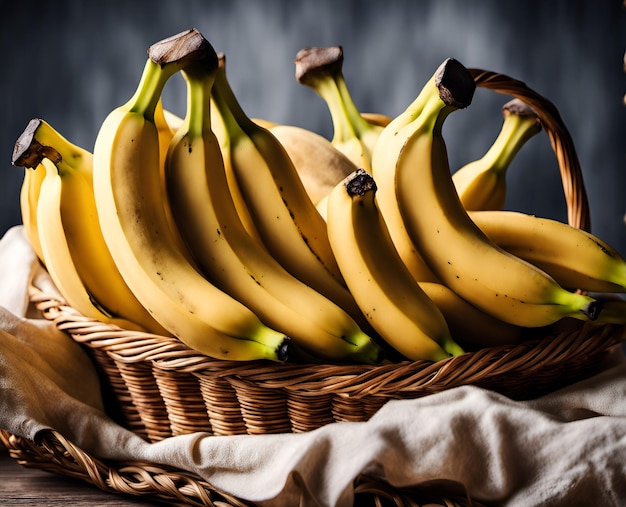 Banana matura e appetitosa in un cestino traboccante