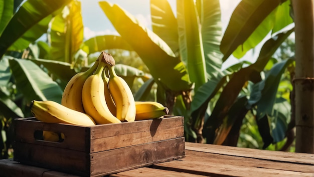 banana matura in una scatola di legno in natura