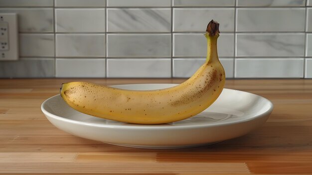 Banana matura su un piatto bianco in una cucina moderna