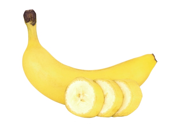 Banana singola su sfondo bianco. Isolato. Disposizione piana, vista dall'alto.