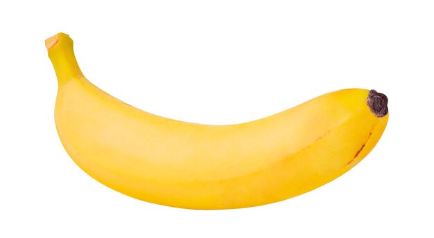 Banana uno giallo intero non sbucciato isolato su sfondo bianco con tracciato di ritaglio