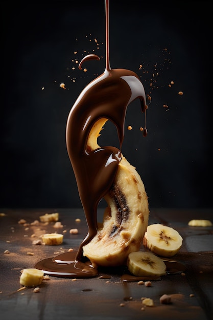 Banane con cioccolato al caramello fuso su sfondo nero IA generativa