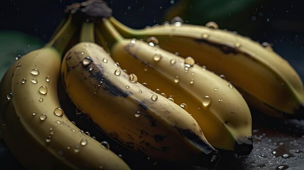 Banane con gocce d'acqua sopra, con la parola banana in basso a destra.