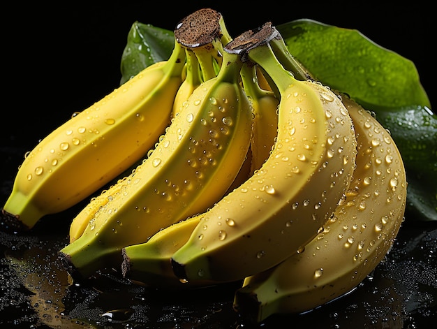 Banane fresche con gocce d'acqua Un mucchio di banane isolate su uno sfondo nero AI generativa