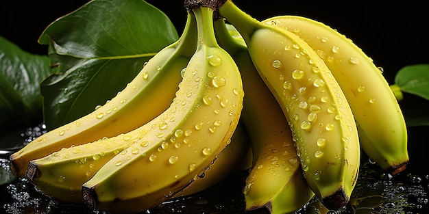 Banane fresche con gocce d'acqua Un mucchio di banane isolate su uno sfondo nero AI generativa