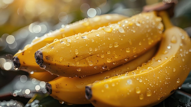 Banane gialle di rugiada con gocce d'acqua in superficie