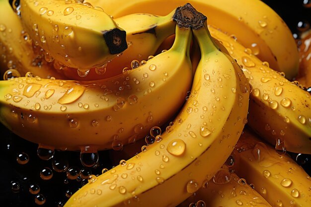 Banane mature con gocce d'acqua e foglie verdi su uno sfondo scuro che enfatizzano la freschezza e il fascino naturale