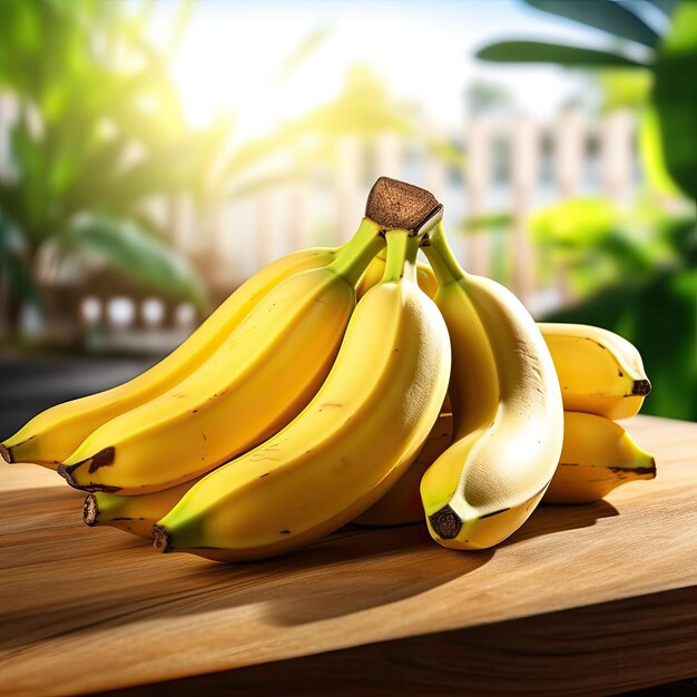 Banane mature su un tavolo di legno sullo sfondo sfocato da vicino