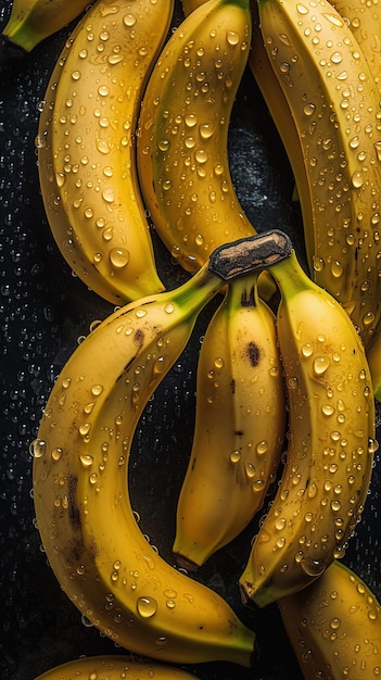 Banane su sfondo nero con goccioline d'acqua