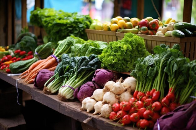 Bancarella del mercato degli agricoltori carica di verdure biologiche