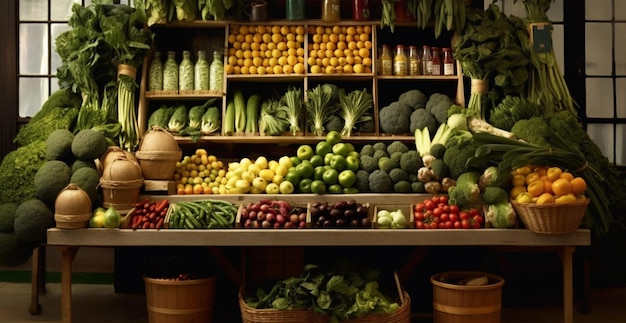 Bancarella del mercato degli agricoltori di verdure colorate varie verdure sane biologiche fresche Immagine generata dall'intelligenza artificiale
