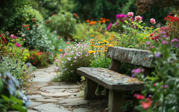 Banchetta di pietra annidata in un giardino sereno circondato da fiori in fiore